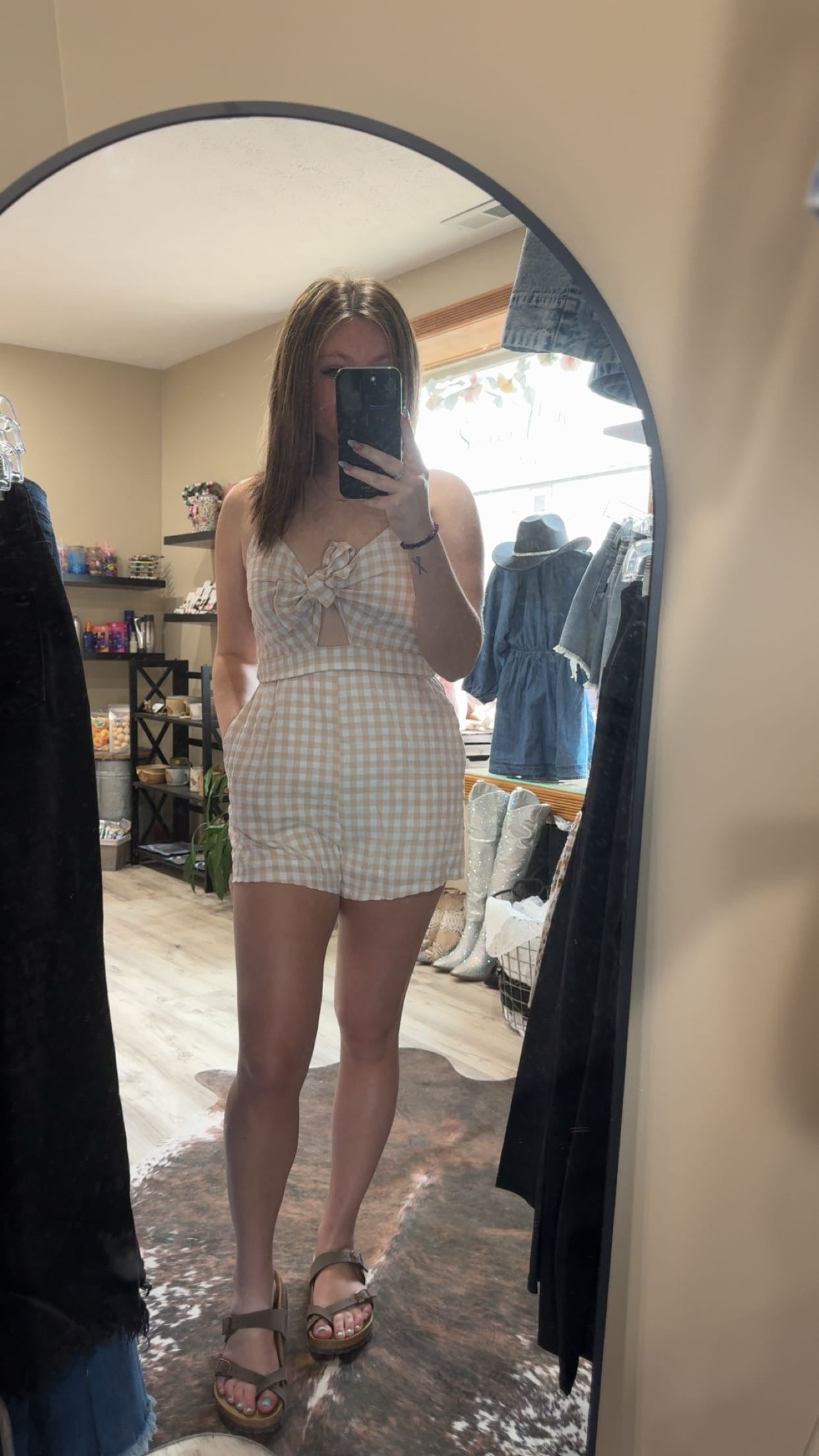 gingham bow front romper