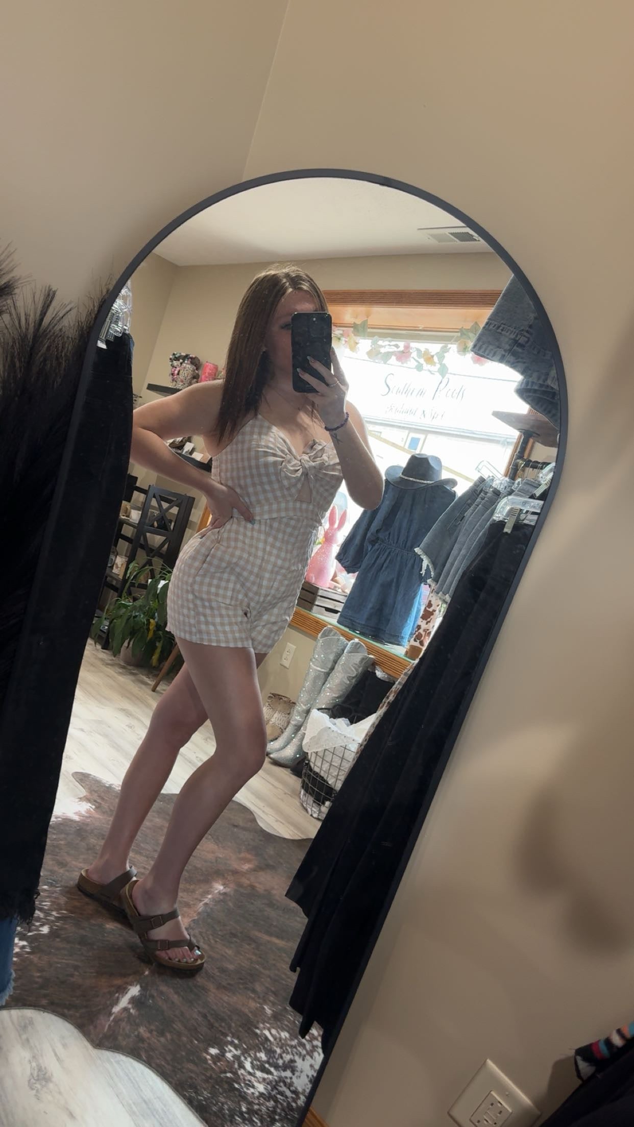 gingham bow front romper