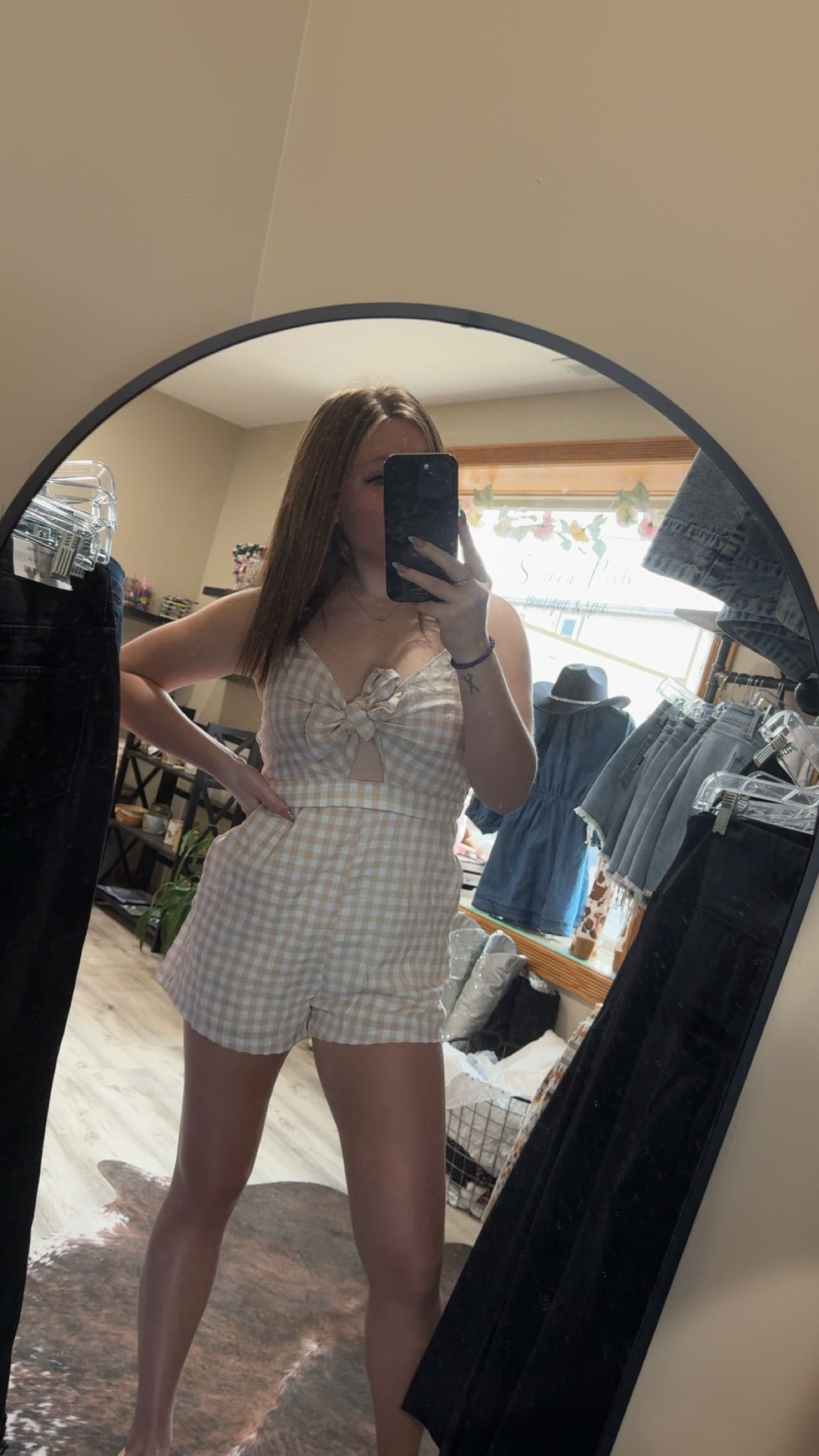 gingham bow front romper