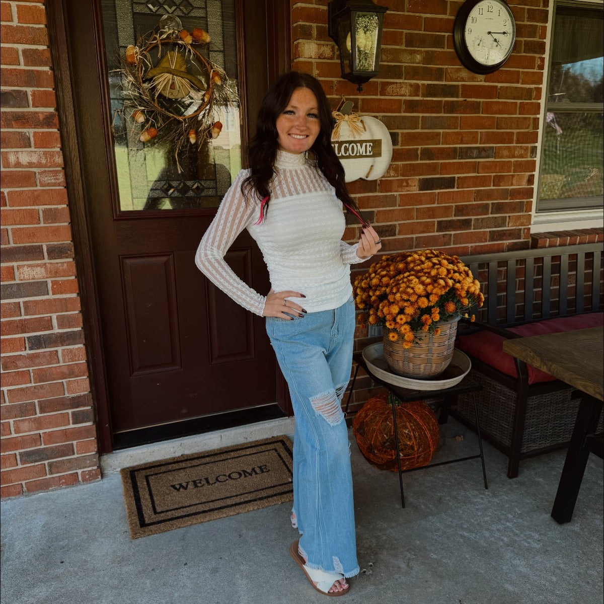 sheer lace mock neck long sleeve top