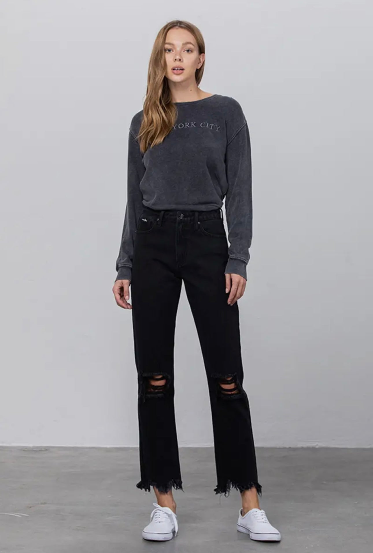 high rise frayed straight jean