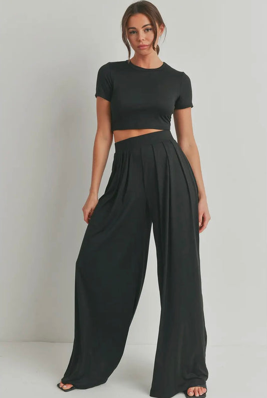 crop top and wide leg black set
