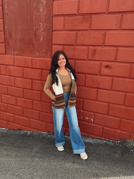 aztec pattern sherpa vest