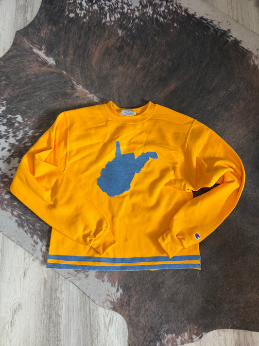 gold crew with blue jean
